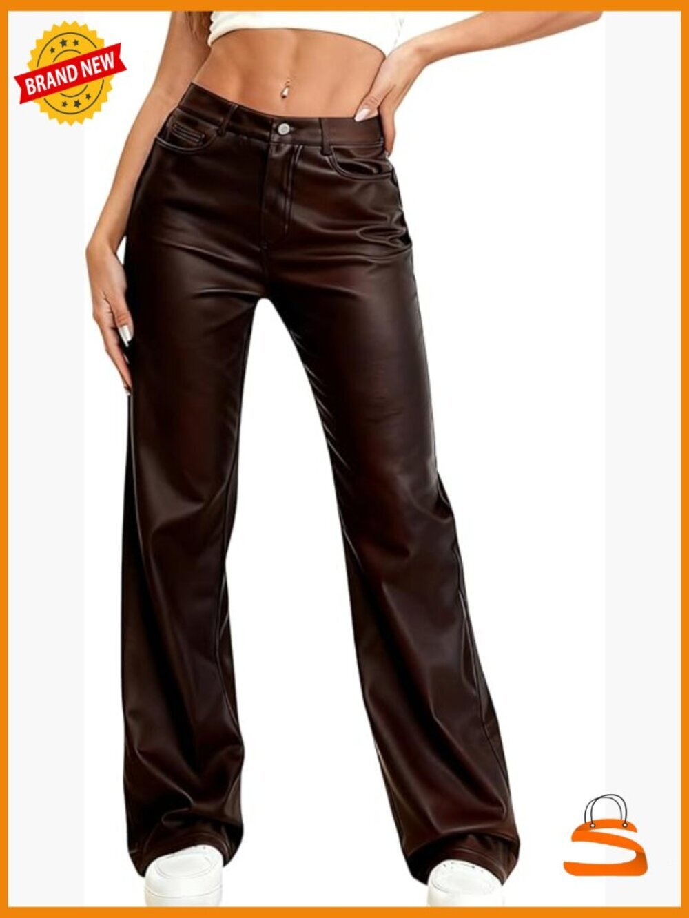 Wide Leg PU Leather Pants High Waist Stretchy Y2K Pockets